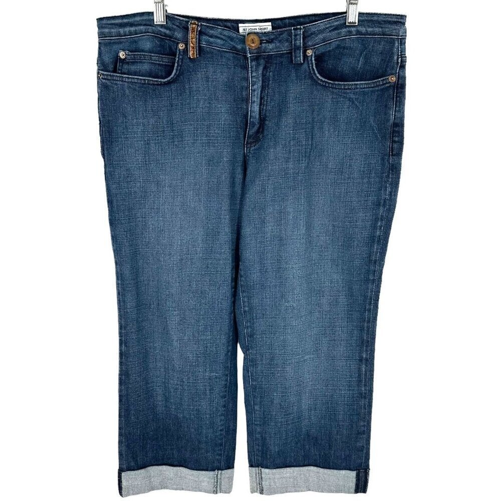 St John Sport Blue Stretch Cotton Denim Cropped Jeans Size 14